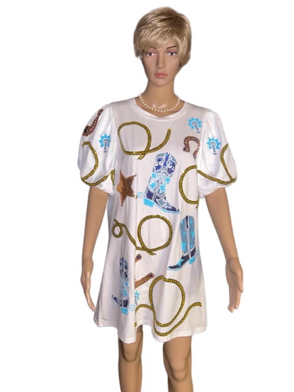 Queen Of Sparkles • Large • Western • White • Gold/Blue Sequins & Beaded • Dress